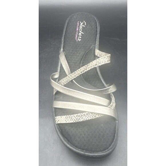 Skechers Women’s Open Toe Slip-on Strappy Wedge BLACK SILVER Sandal Heels Sz 9 - Picture 9 of 16